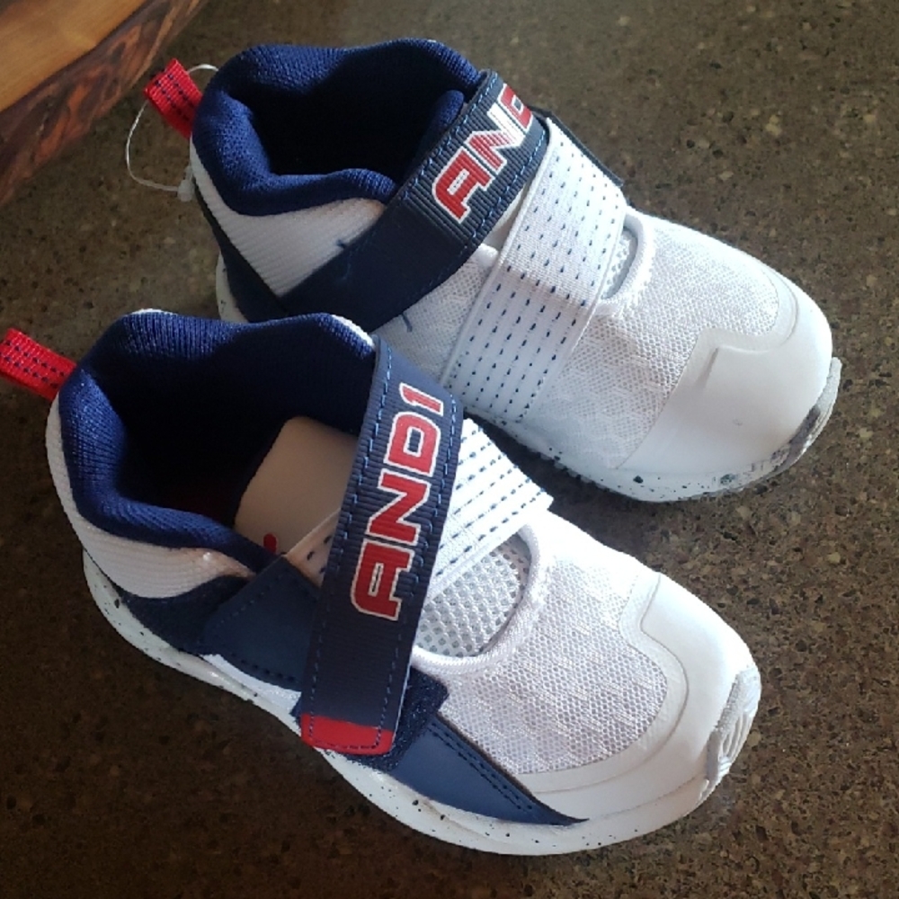 And1 7 Baby Toddler Boys White Navy Velcro Sneakers with Red Accent